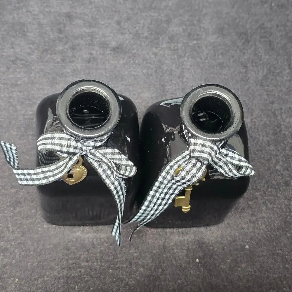 Country Mini Bud Vase Black Bottle Checkered Ribbon with Key & Heart Charms